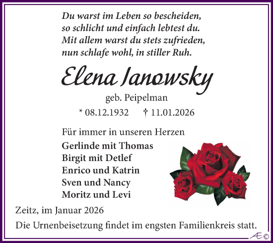 Traueranzeige von Elena Janowsky von Trauerkombi Zeitz