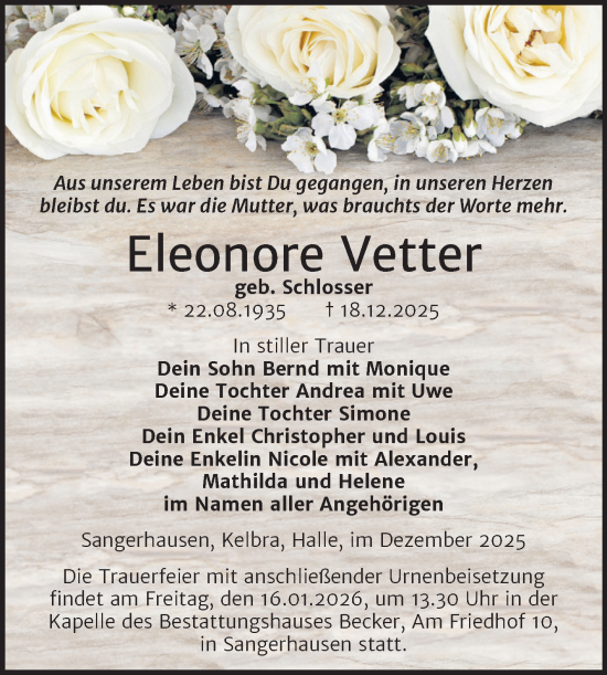 Traueranzeige von Eleonore Vetter von Trauerkombi Sangerhausen