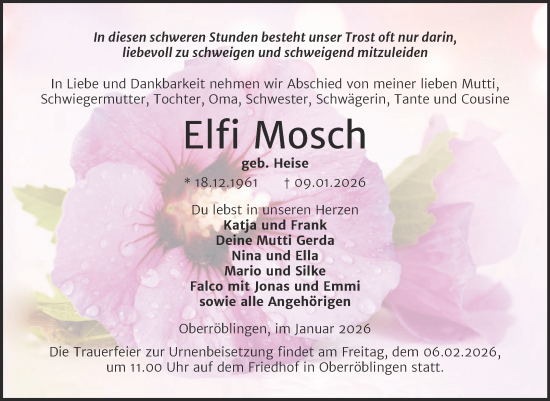 Traueranzeige von Elfi Mosch von Trauerkombi Sangerhausen