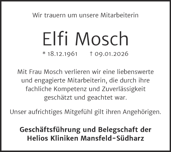 Traueranzeige von Elfi Mosch von Mitteldeutsche Zeitung Mansfelder Land