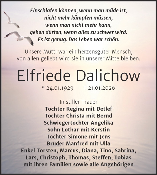 Traueranzeige von Elfriede Dalichow von Trauerkombi Wittenberg
