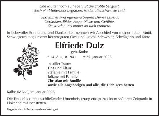 Traueranzeige von Elfriede Dulz von Volksstimme Altmark West