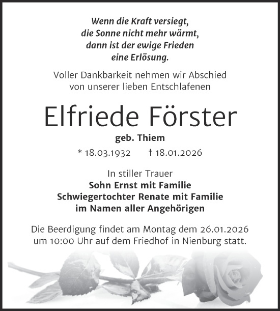 Traueranzeige von Elfriede Förster von Trauerkombi Bernburg