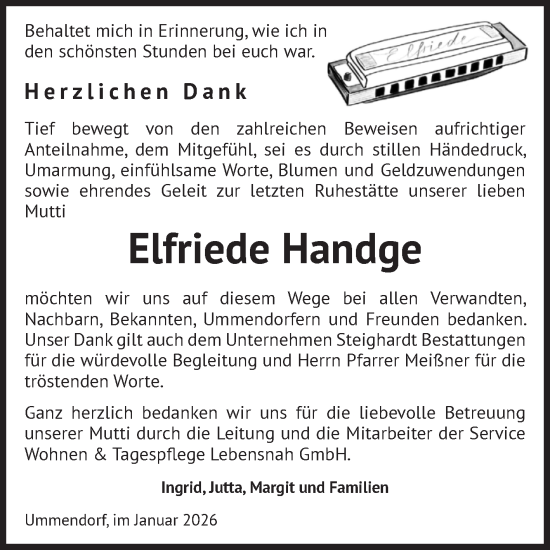Traueranzeige von Elfriede Handge von Volksstimme Oschersleben/Wanzleben