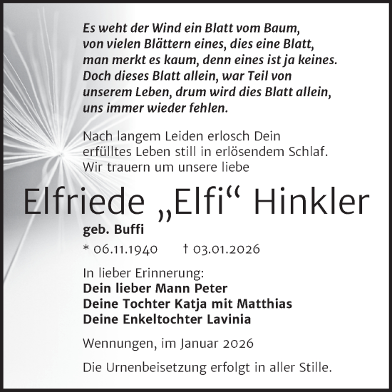 Traueranzeige von Elfriede Hinkler von Super Sonntag Naumburg/Nebra