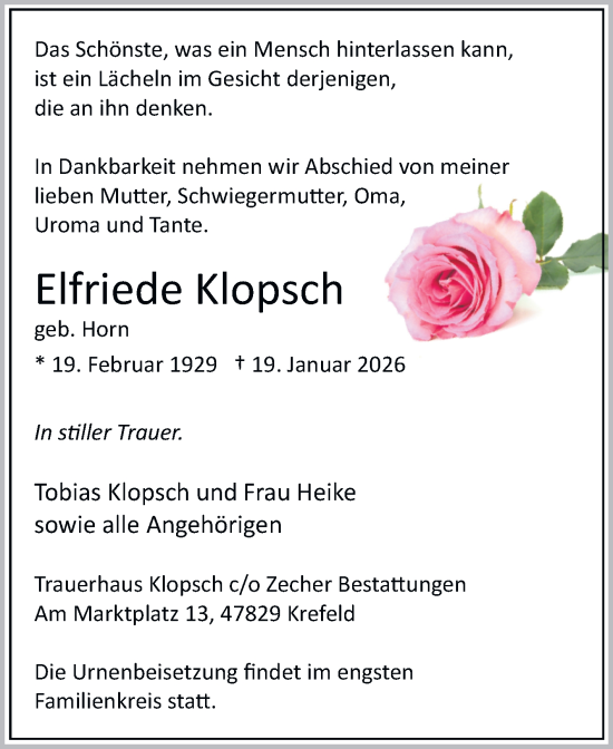 Traueranzeige von Elfriede Klopsch von Trauerkombi Mansfelder Land