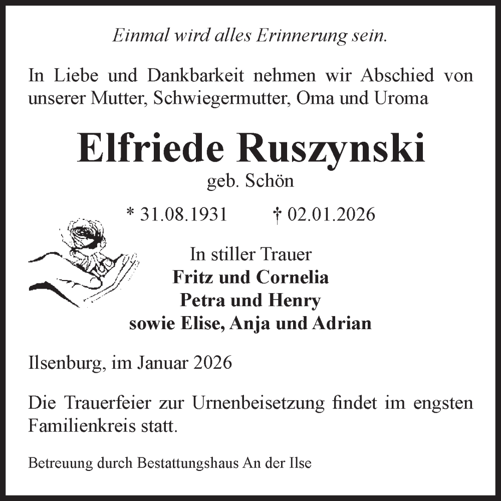  Traueranzeige für Elfriede Ruszynski vom 10.01.2026 aus Volksstimme Wernigerode