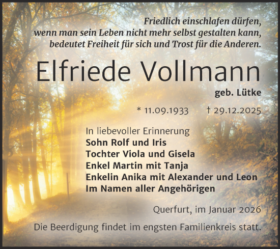 Traueranzeige von Elfriede Vollmann von Mitteldeutsche Zeitung Merseburg/Querfurt