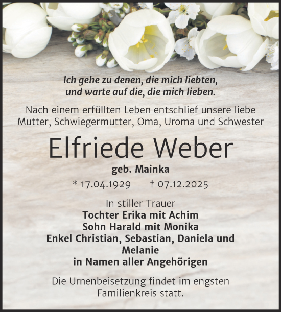 Traueranzeige von Elfriede Weber von Trauerkombi Wittenberg