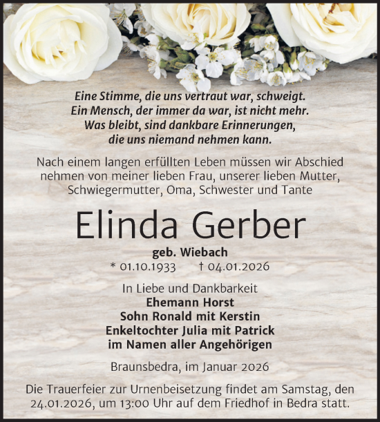 Traueranzeige von Elinda Gerber von Trauerkombi Merseburg