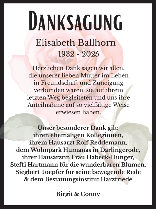 Traueranzeige von Elisabeth Ballhorn von Volksstimme Halberstadt