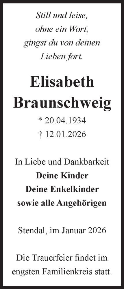  Traueranzeige für Elisabeth Braunschweig vom 24.01.2026 aus Volksstimme Altmark Ost
