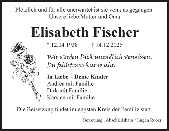 Traueranzeige von Elisabeth Fischer von Volksstimme Magdeburg