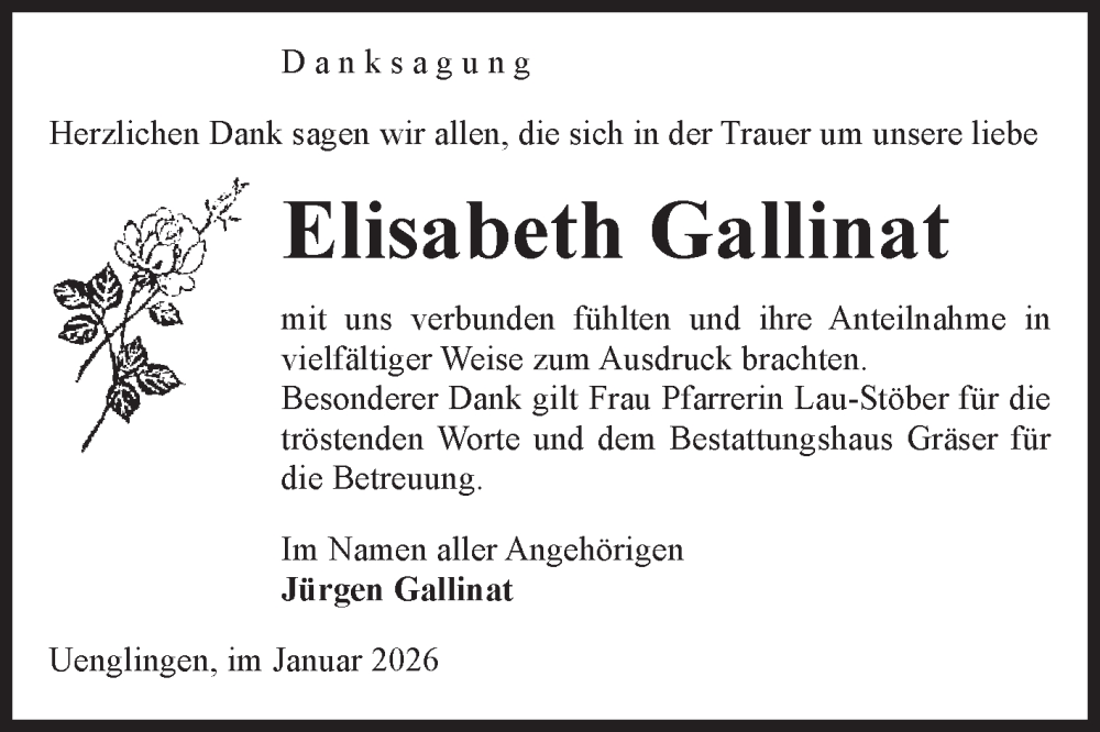  Traueranzeige für Elisabeth Gallinat vom 16.01.2026 aus Volksstimme Altmark Ost