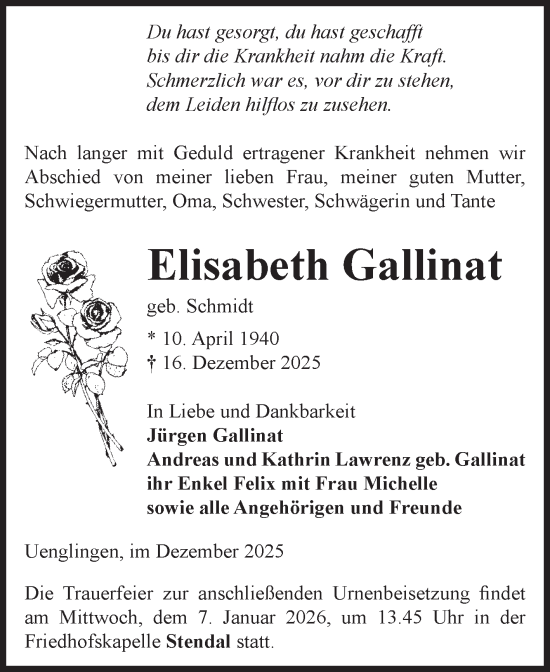 Traueranzeige von Elisabeth Gallinat von Volksstimme Altmark Ost