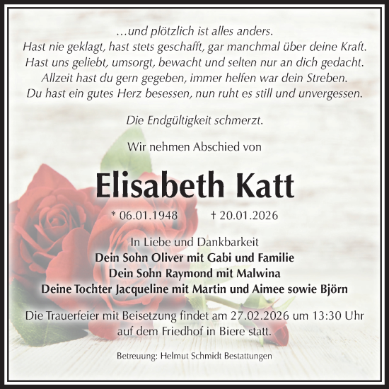 Traueranzeige von Elisabeth Katt von Volksstimme Schönebeck