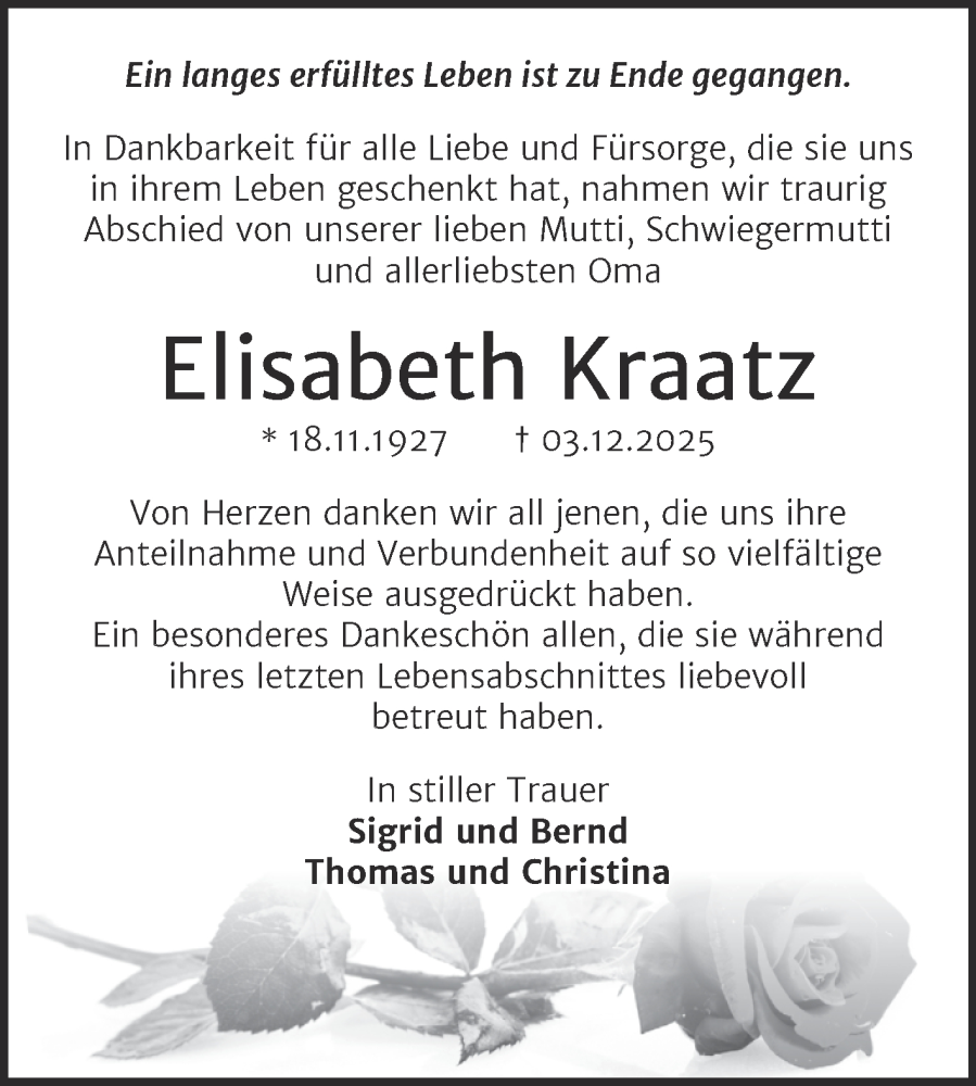  Traueranzeige für Elisabeth Kraatz vom 17.01.2026 aus Trauerkombi Wittenberg