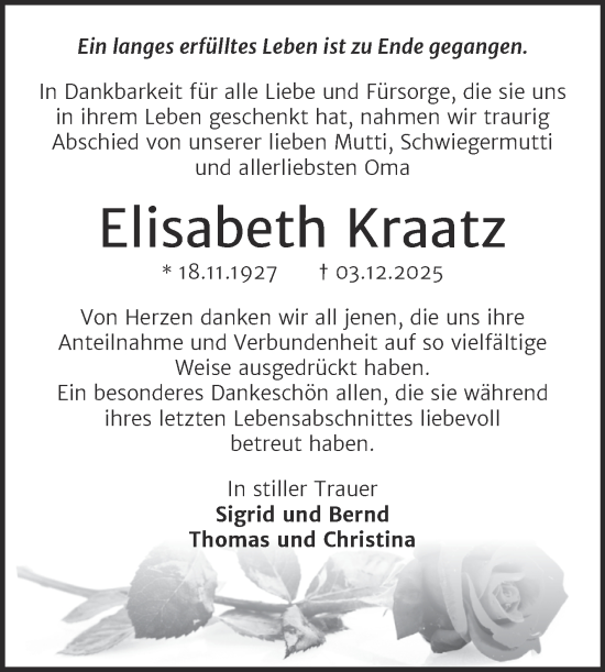 Traueranzeige von Elisabeth Kraatz von Trauerkombi Wittenberg