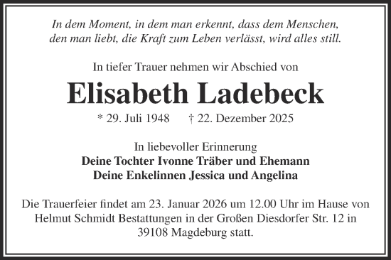 Traueranzeige von Elisabeth Ladebeck von Volksstimme Magdeburg