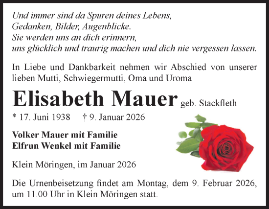 Traueranzeige von Elisabeth Mauer von Volksstimme Altmark Ost