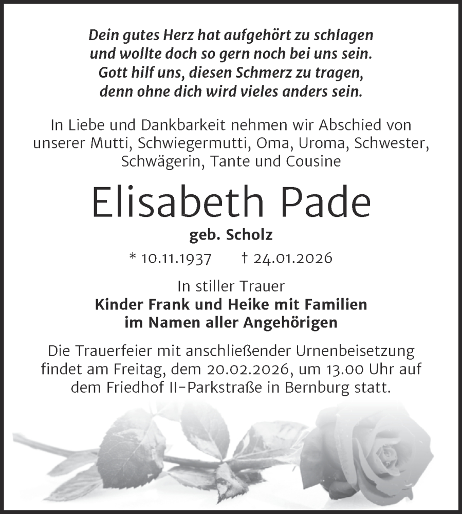  Traueranzeige für Elisabeth Pade vom 31.01.2026 aus Trauerkombi Bernburg
