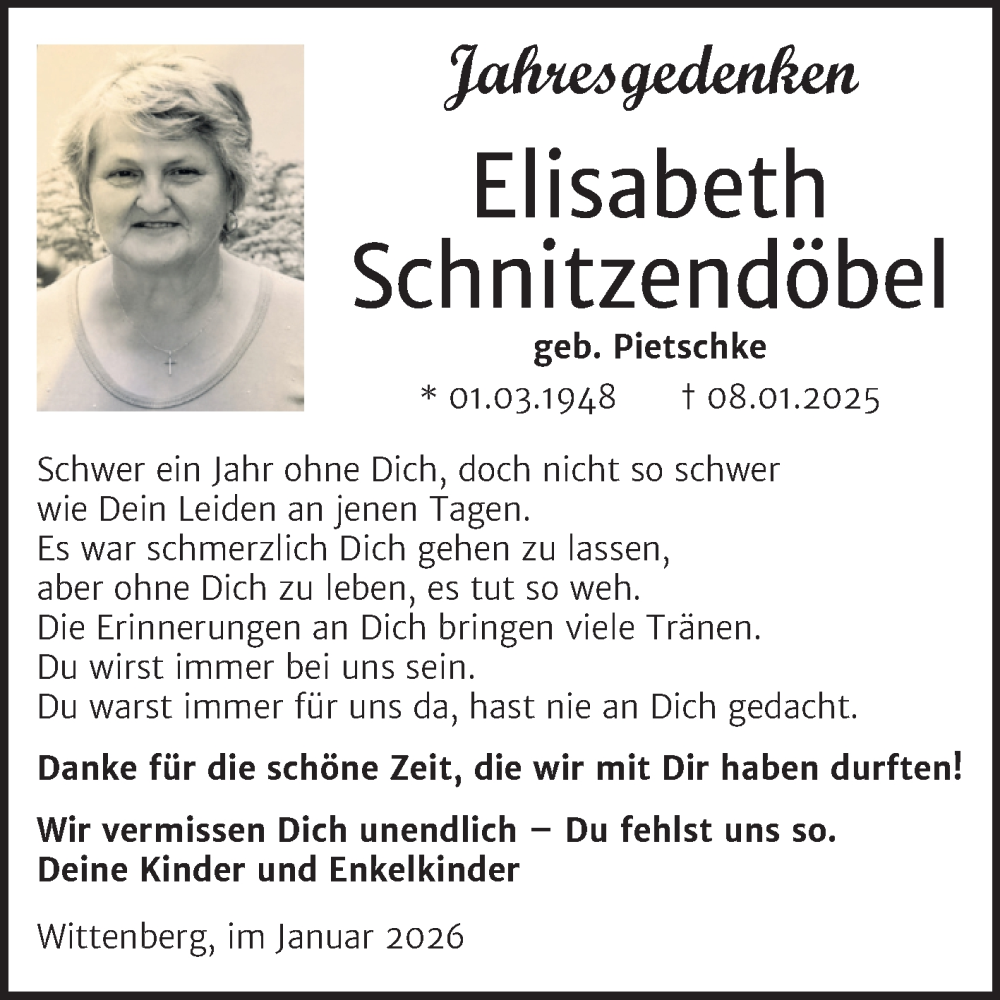  Traueranzeige für Elisabeth Schnitzendöbel vom 10.01.2026 aus Trauerkombi Wittenberg