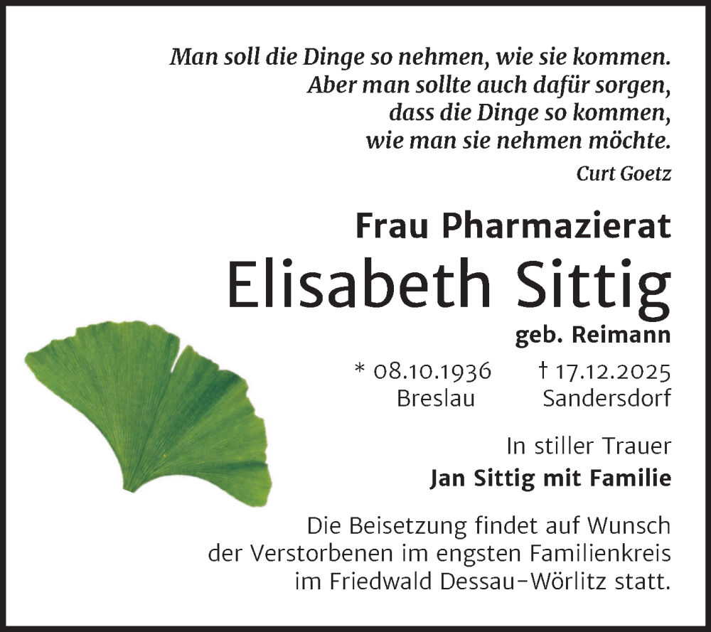  Traueranzeige für Elisabeth Sittig vom 17.01.2026 aus Trauerkombi Bitterfeld
