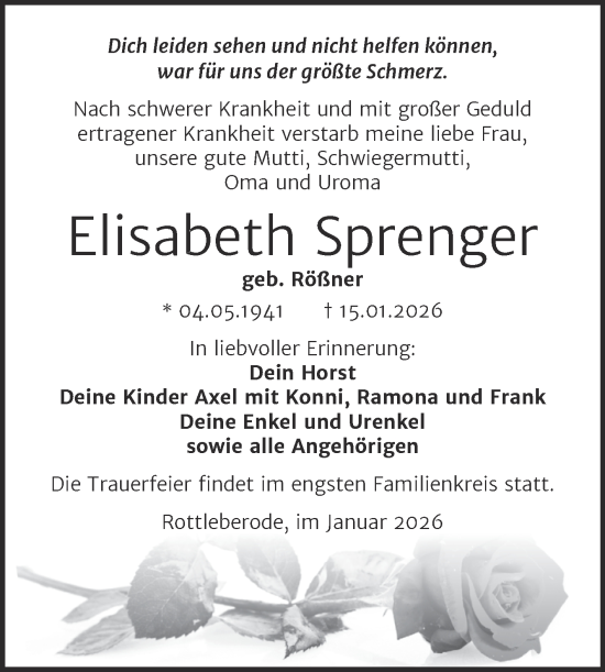 Traueranzeige von Elisabeth Sprenger von Trauerkombi Sangerhausen