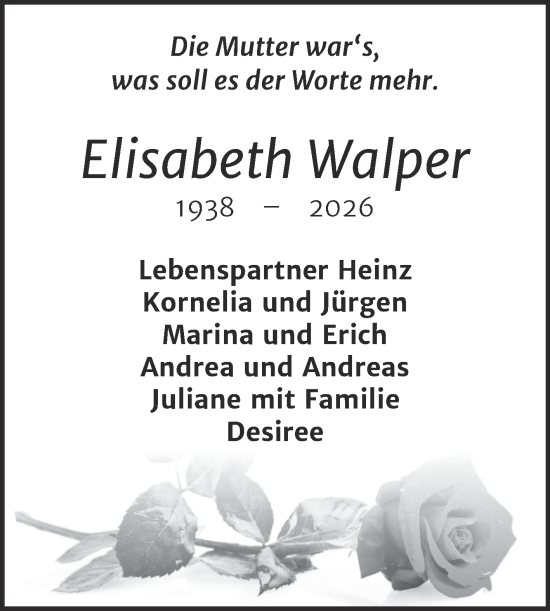 Traueranzeige von Elisabeth Walper von Trauerkombi Mansfelder Land