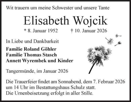 Traueranzeige von Elisabeth Wojcik von Volksstimme Altmark Ost