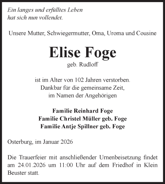 Traueranzeige von Elise Foge von Volksstimme Altmark Ost