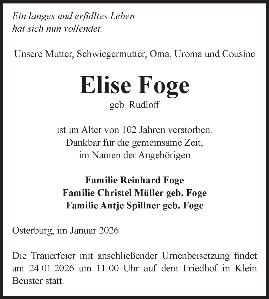 Traueranzeige für Elise Foge vom 17.01.2026 aus Volksstimme Altmark Ost