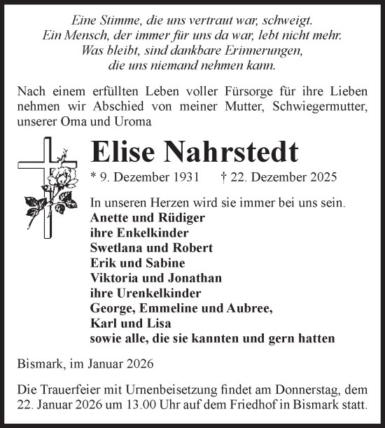 Traueranzeige von Elise Nahrstedt von Volksstimme Altmark Ost