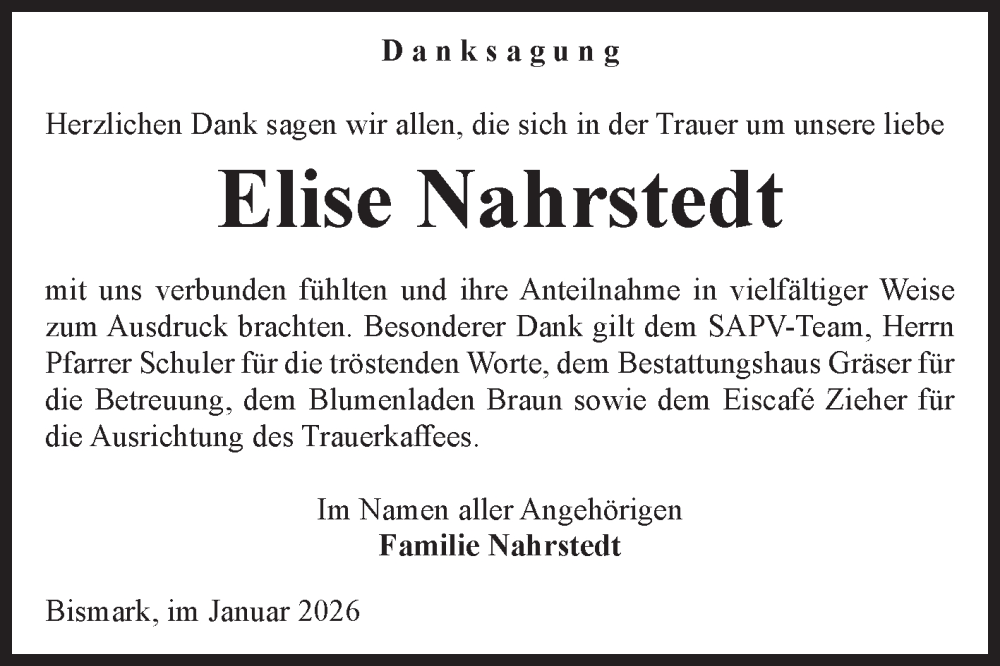  Traueranzeige für Elise Nahrstedt vom 31.01.2026 aus Volksstimme Altmark Ost