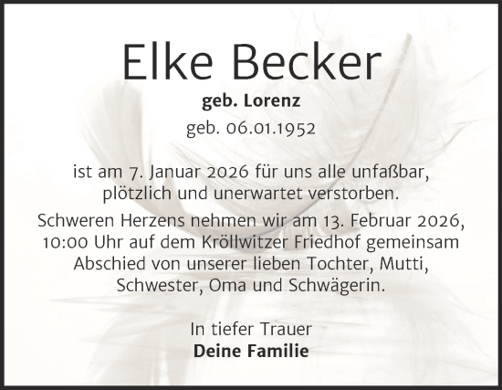 Traueranzeige von Elke Becker von Mitteldeutsche Zeitung Halle/Saalkreis
