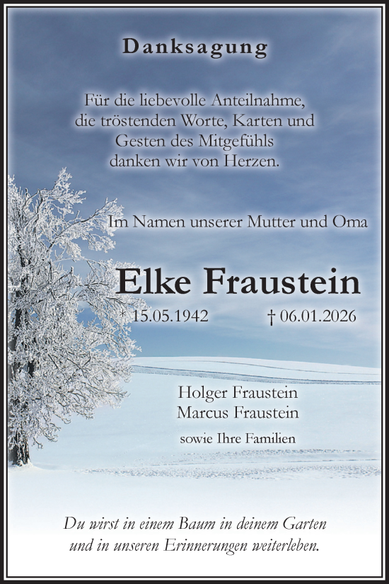 Traueranzeige von Elke Fraustein von Volksstimme Wernigerode