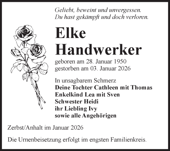 Traueranzeige von Elke Handwerker von Volksstimme Zerbst