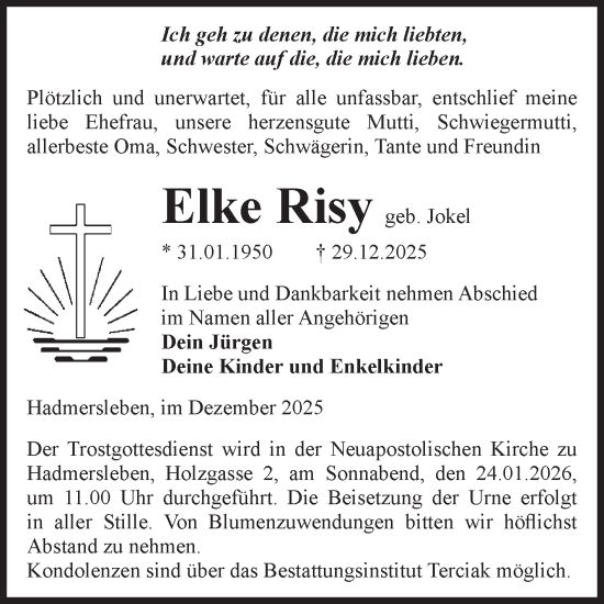 Traueranzeige von Elke Risy von Volksstimme Oschersleben/Wanzleben