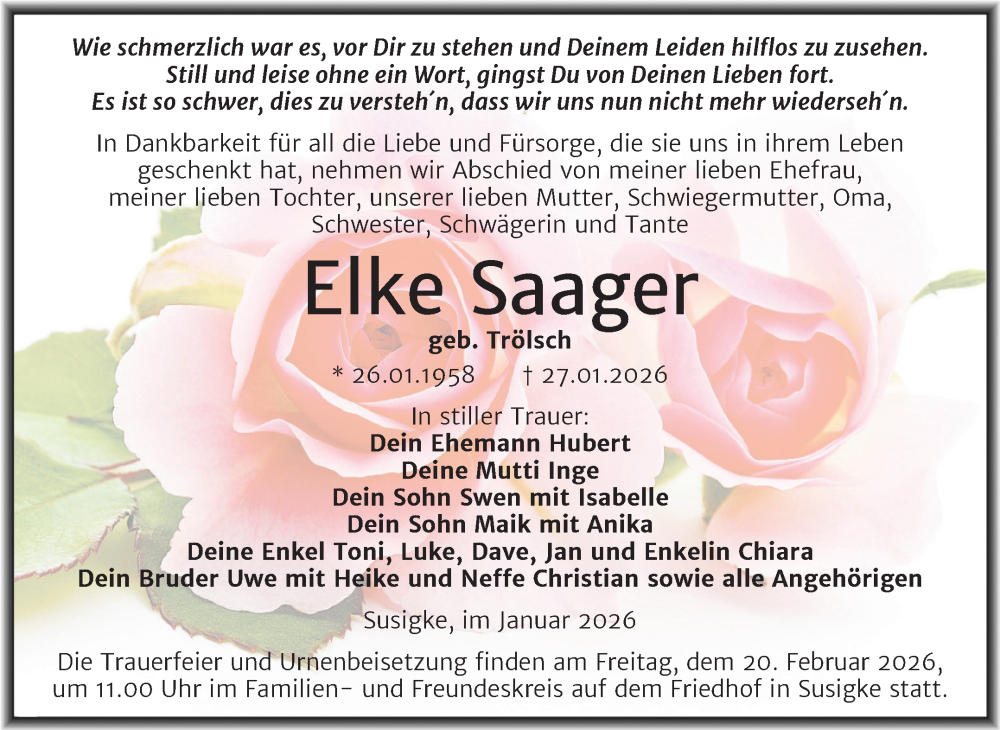  Traueranzeige für Elke Saager vom 31.01.2026 aus Trauerkombi Köthen