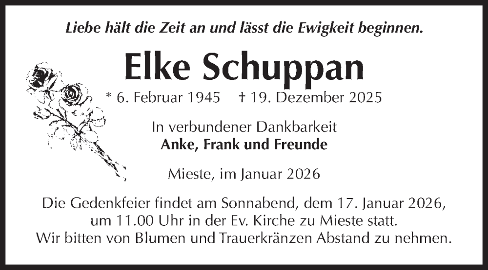  Traueranzeige für Elke Schuppan vom 03.01.2026 aus Volksstimme Altmark West