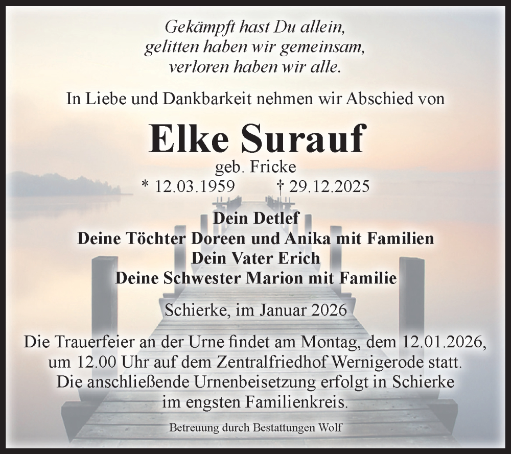  Traueranzeige für Elke Surauf vom 03.01.2026 aus Volksstimme Wernigerode