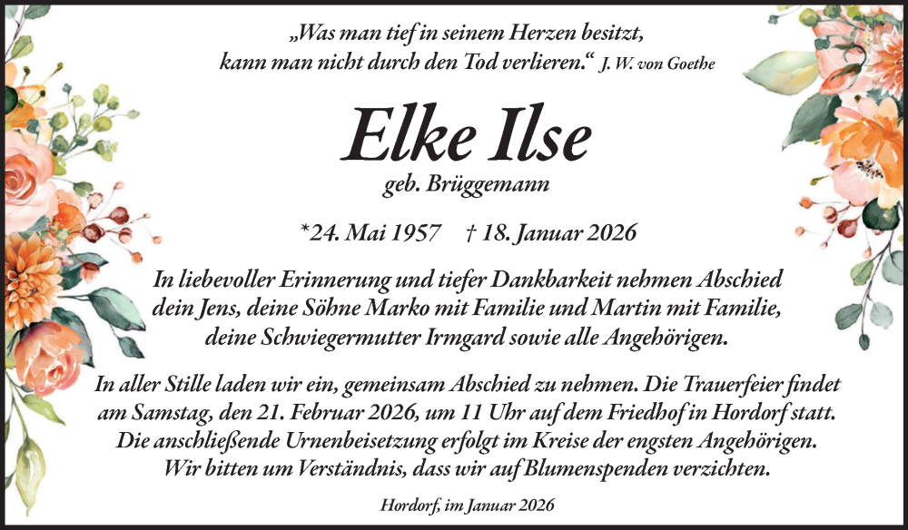  Traueranzeige für Elke Ilse  vom 31.01.2026 aus Volksstimme Oschersleben/Wanzleben