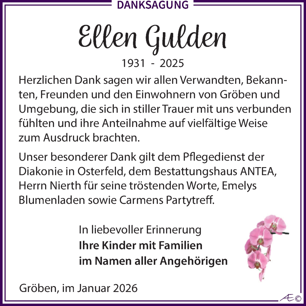  Traueranzeige für Elle Gulde vom 17.01.2026 aus Trauerkombi Weißenfels