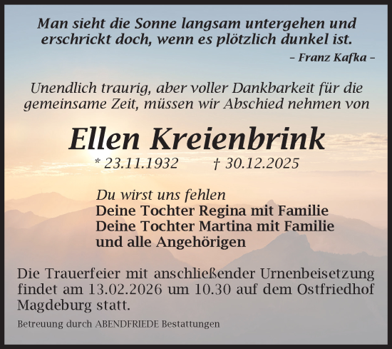 Traueranzeige von Ellen Kreienbrink von Volksstimme Magdeburg
