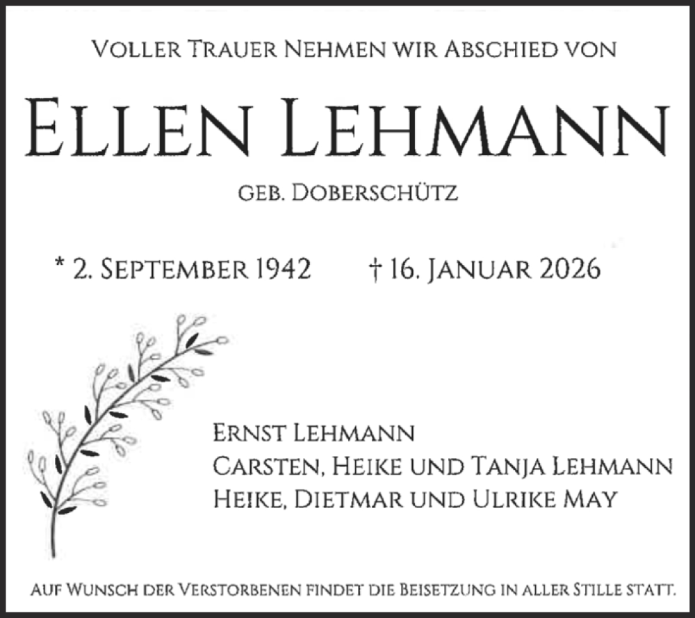  Traueranzeige für Ellen Lehmann vom 24.01.2026 aus Trauerkombi Wittenberg
