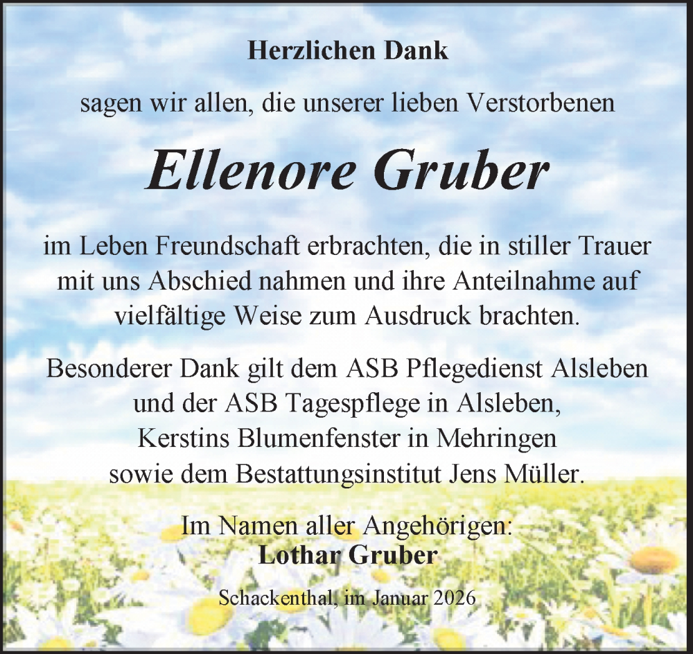  Traueranzeige für Ellenore Gruber vom 17.01.2026 aus Trauerkombi Aschersleben