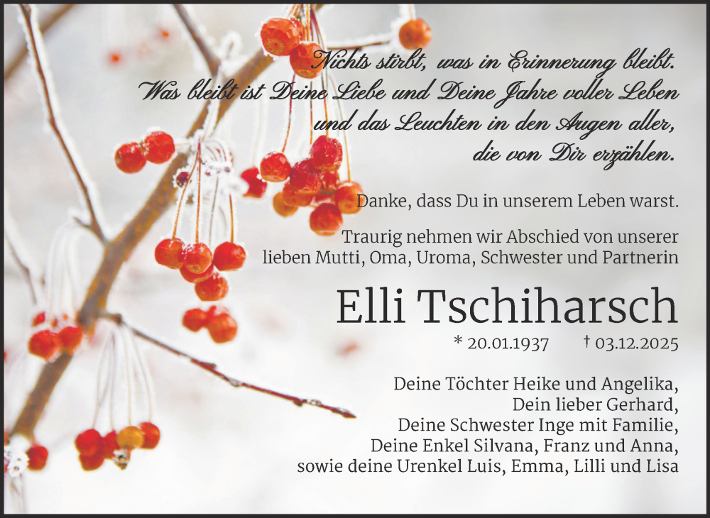  Traueranzeige für Elli Tschiharsch vom 03.01.2026 aus Trauerkombi Wittenberg