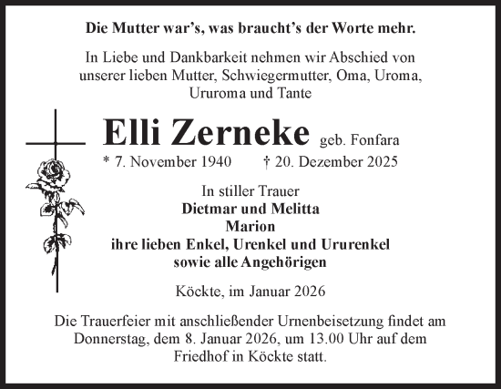 Traueranzeige von Elli Zerneke von Volksstimme Altmark West