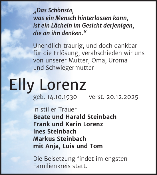 Traueranzeige von Elly Lorenz von Trauerkombi Quedlinburg
