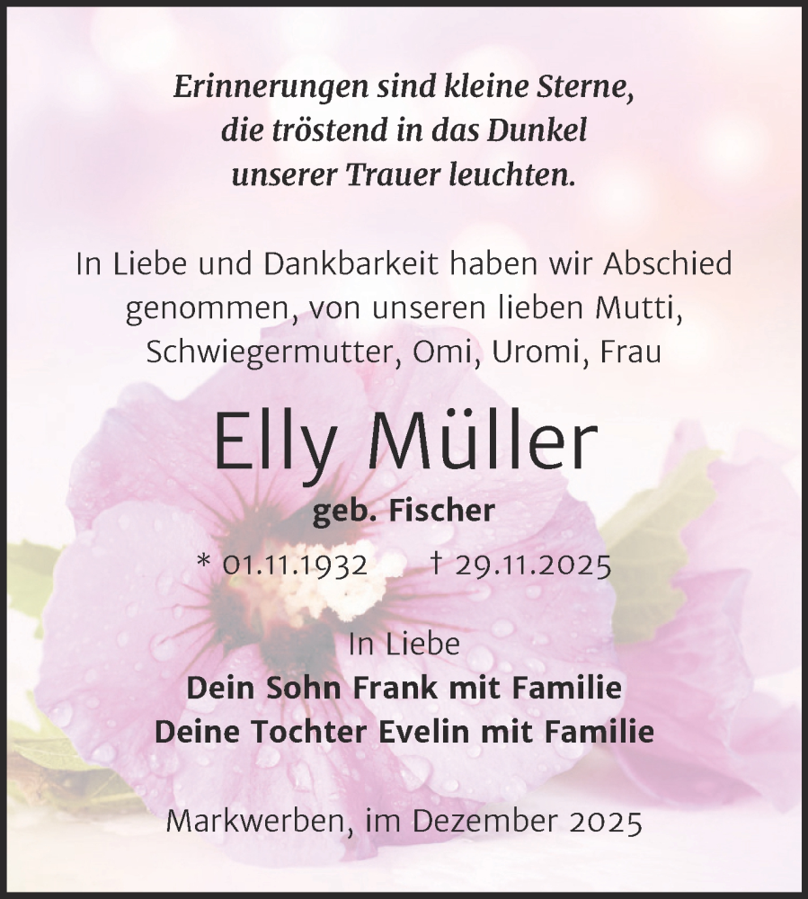  Traueranzeige für Elly Müller vom 17.01.2026 aus Trauerkombi Weißenfels
